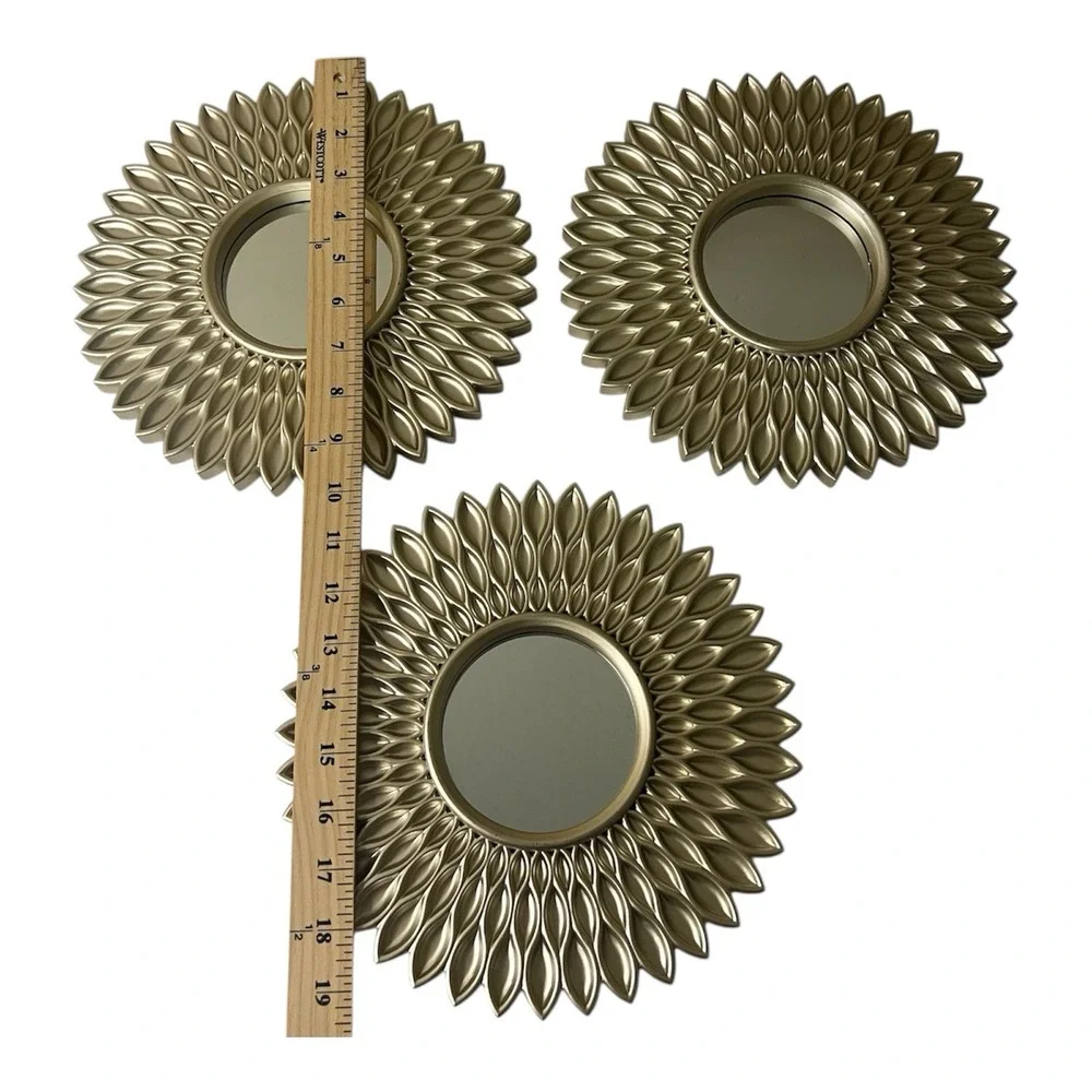 Starburst Sunflower Mirrors Wall Art Decor Set Plastic Gold 10